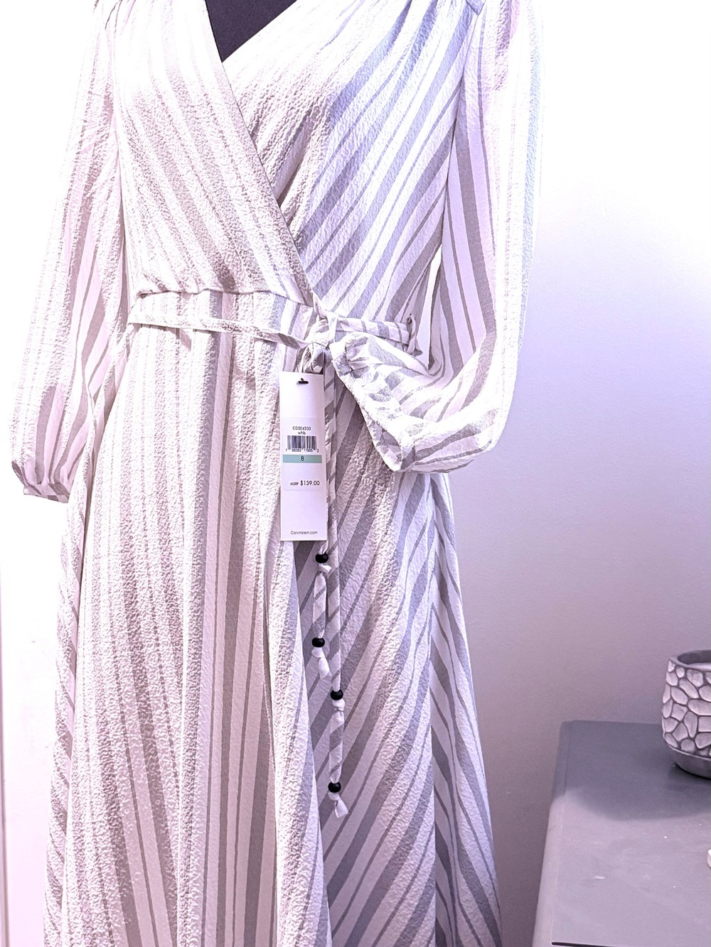 Calvin Klein Striped Wrap Maxi Dress in White and pastel gray.